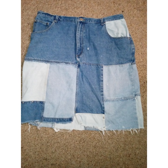 Just Blu Jean Denim Skirt Distressed Fraying Patchwork Knee Length Size 24W Blue - Picture 1 of 9